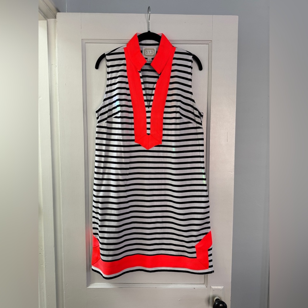STS Sail to Sable Stripe Print V-Neck Sleeveless Shift Dress Orange Trim size L